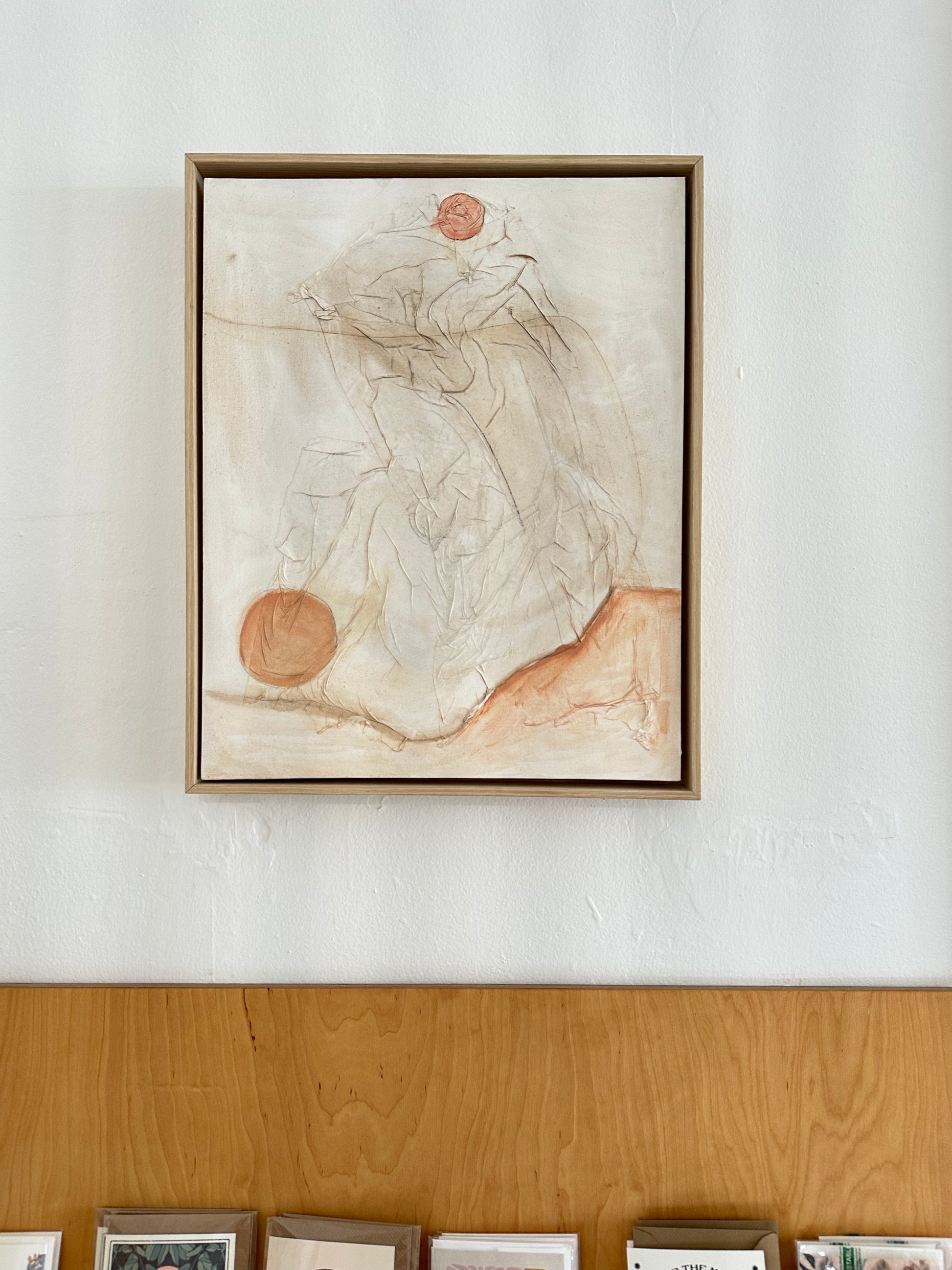 figurative oil + paper on canvas in wood frame
