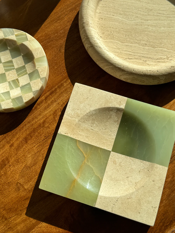 checkered travertine + green onyx catchall - square