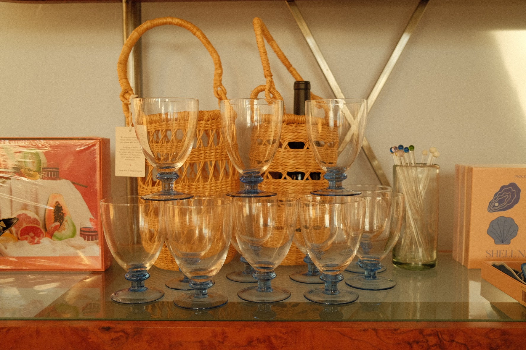 vintage drinking goblet set with blue bulb pedestal base