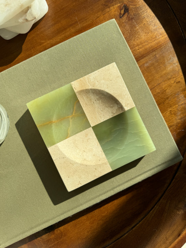 checkered travertine + green onyx catchall - square