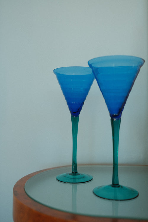 vintage cobalt ripple emerald stem martini glasses 8 oz