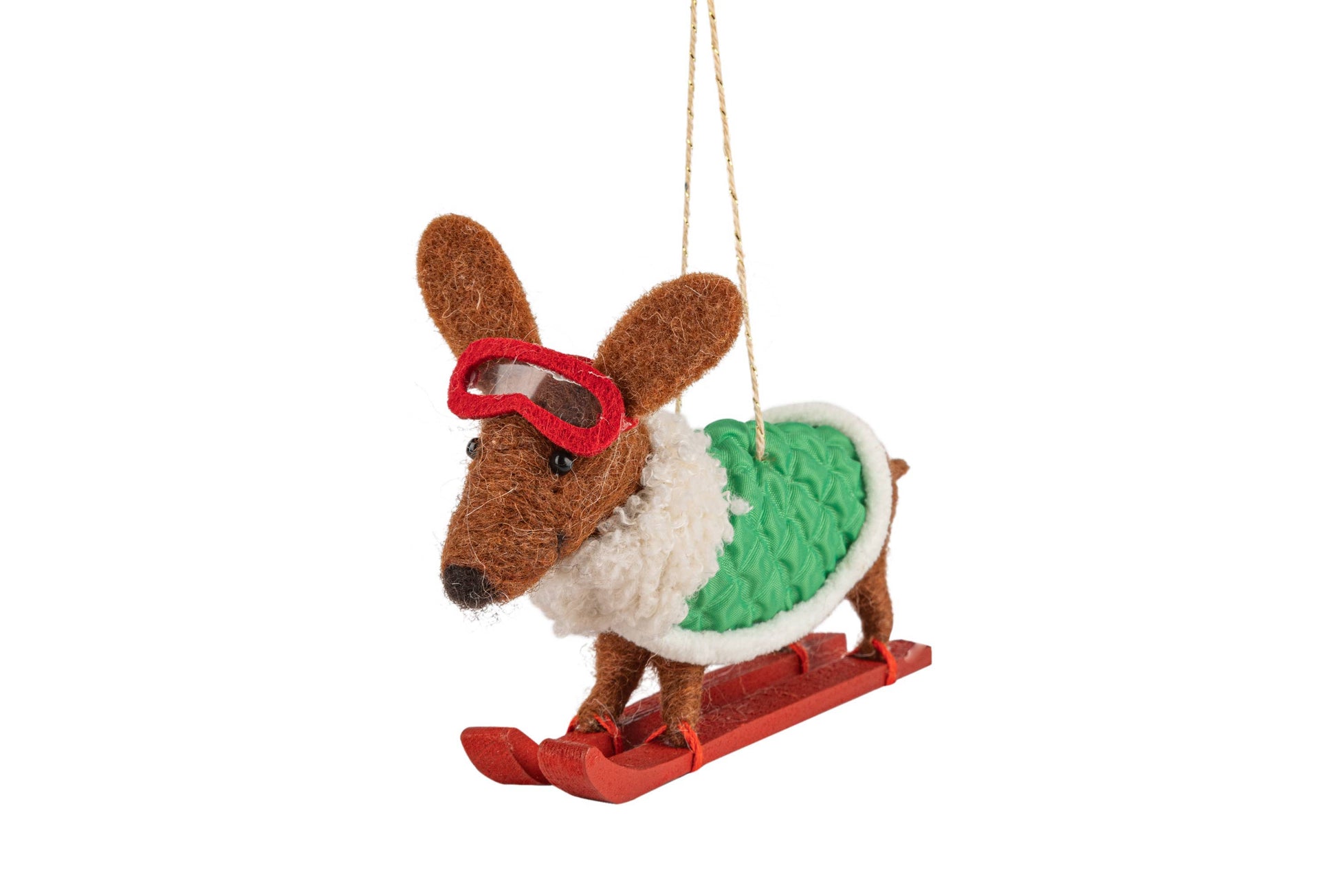 felt dog on skis ornament green jacket,5.5in