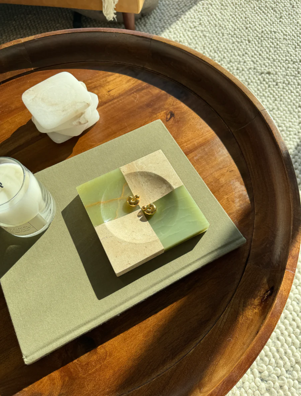 checkered travertine + green onyx catchall - square