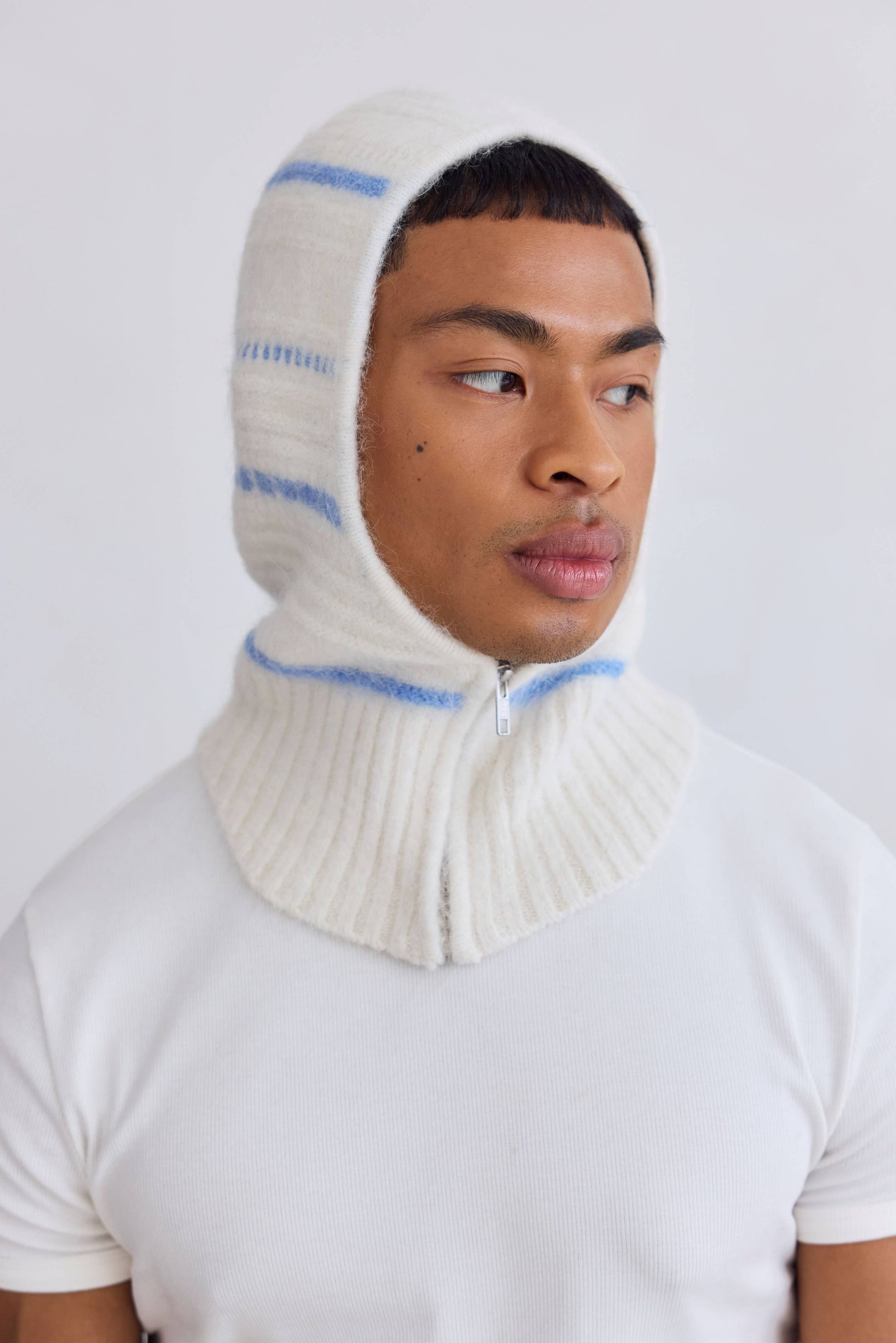 The Alpaca Balaclava with Zip - Arctic White/Sky Blue
