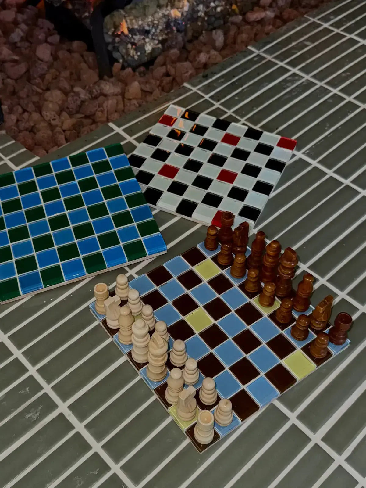 handmade glass tile chessboard (no chess pieces included)