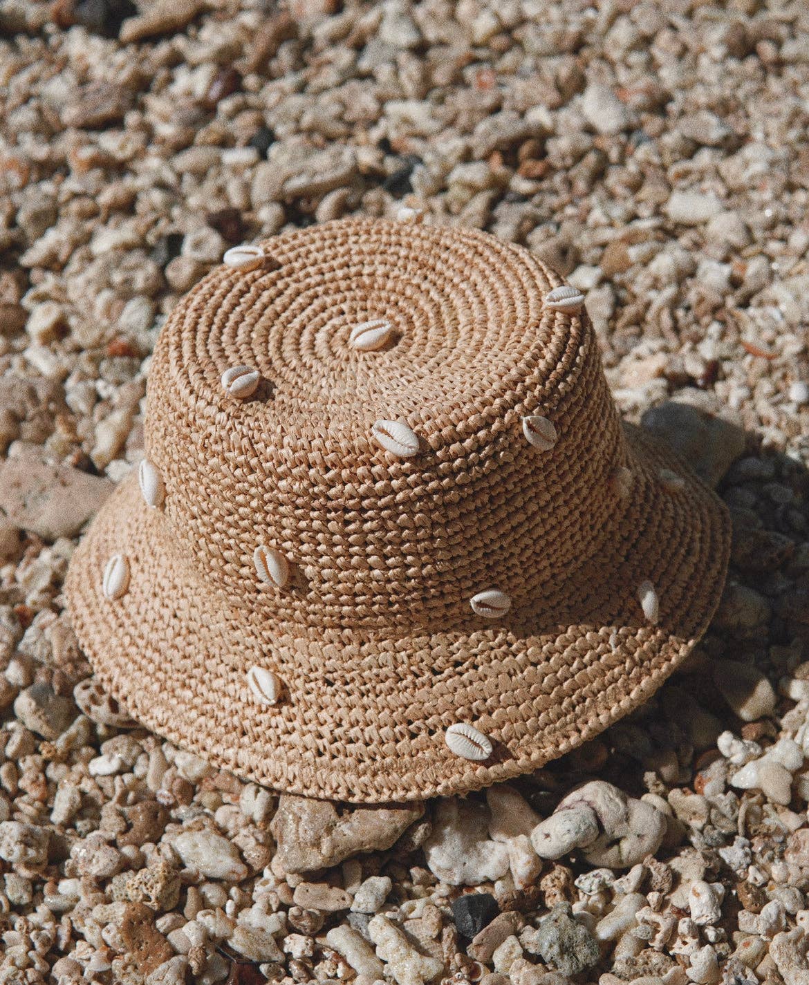 puka dot- cowry shell raffia bucket hat