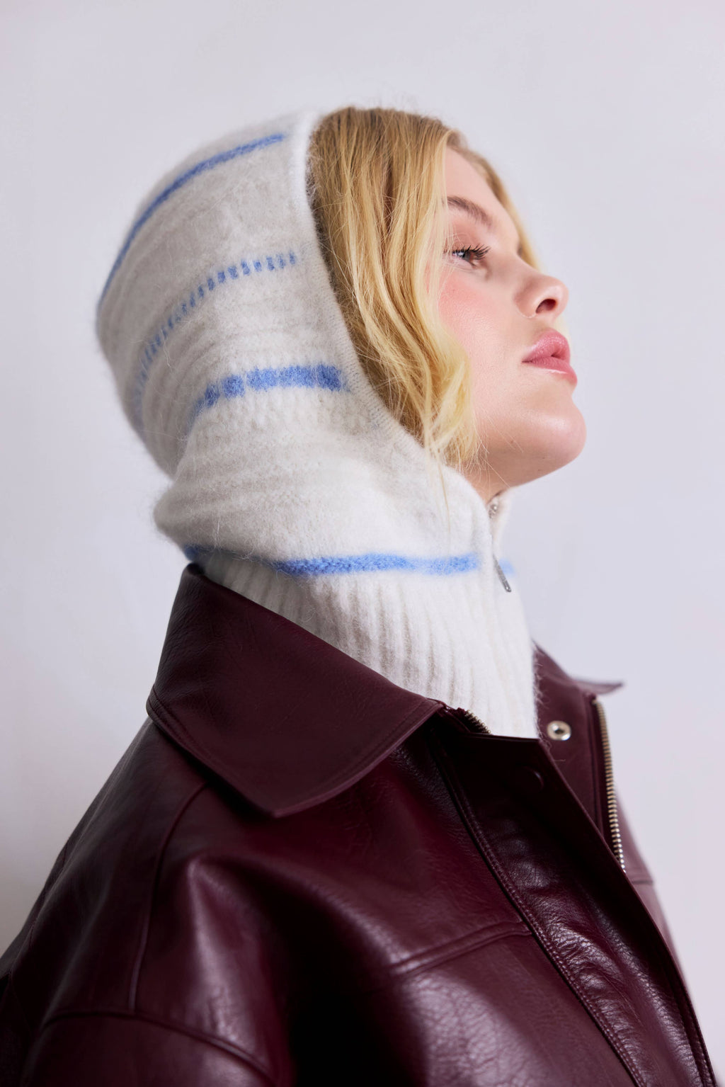 The Alpaca Balaclava with Zip - Arctic White/Sky Blue