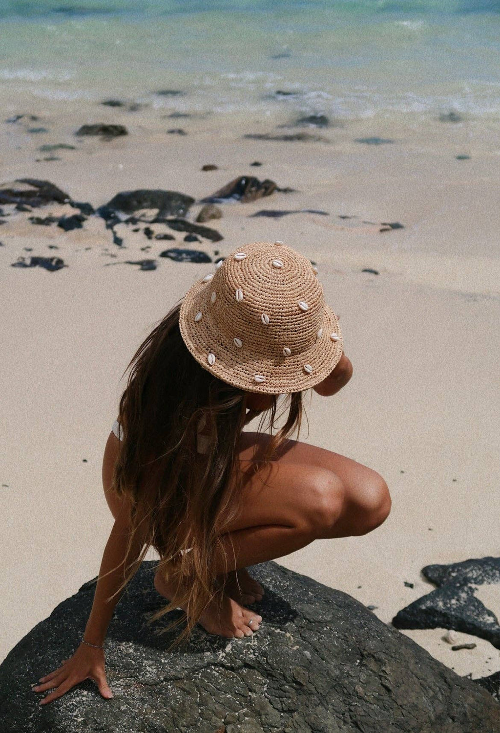 puka dot- cowry shell raffia bucket hat