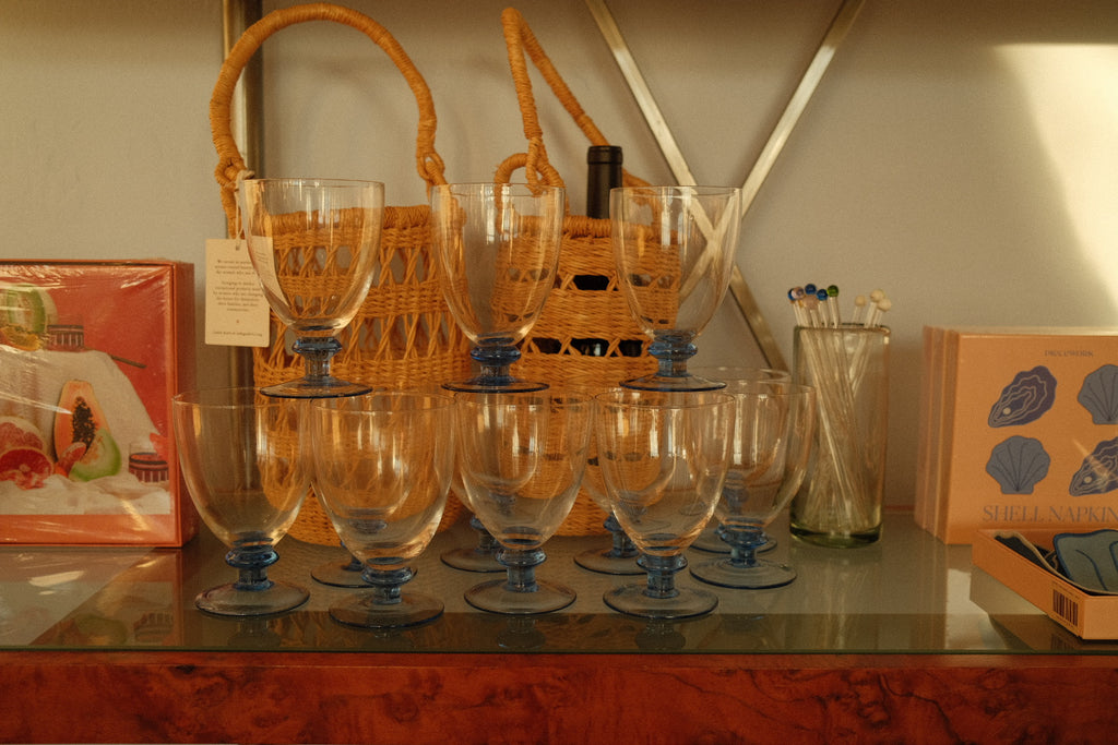 vintage drinking goblet set with blue bulb pedestal base