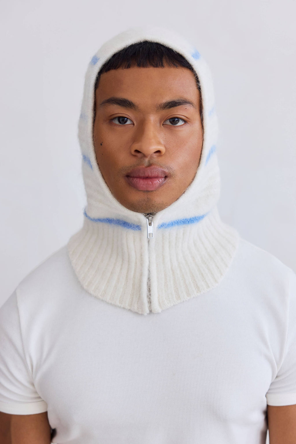 The Alpaca Balaclava with Zip - Arctic White/Sky Blue