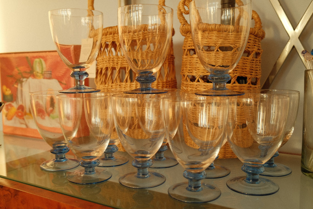 vintage drinking goblet set with blue bulb pedestal base
