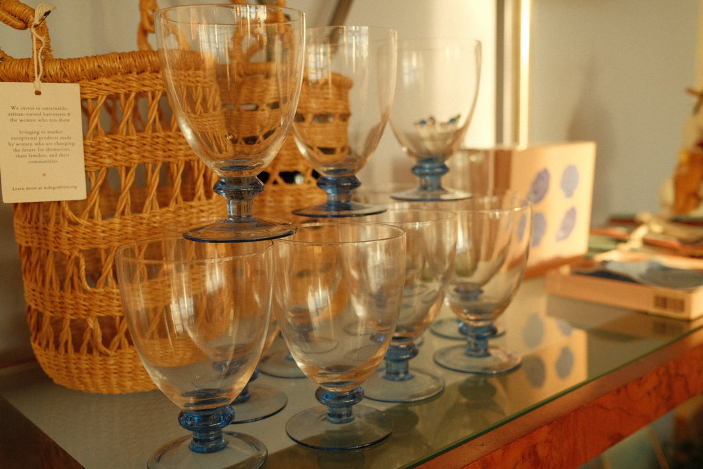 vintage drinking goblet set with blue bulb pedestal base