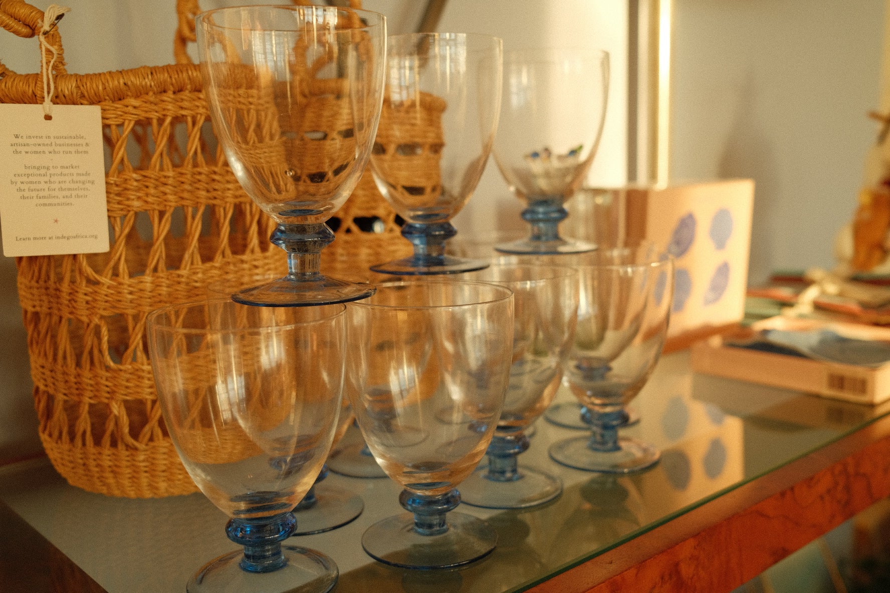 vintage drinking goblet set with blue bulb pedestal base