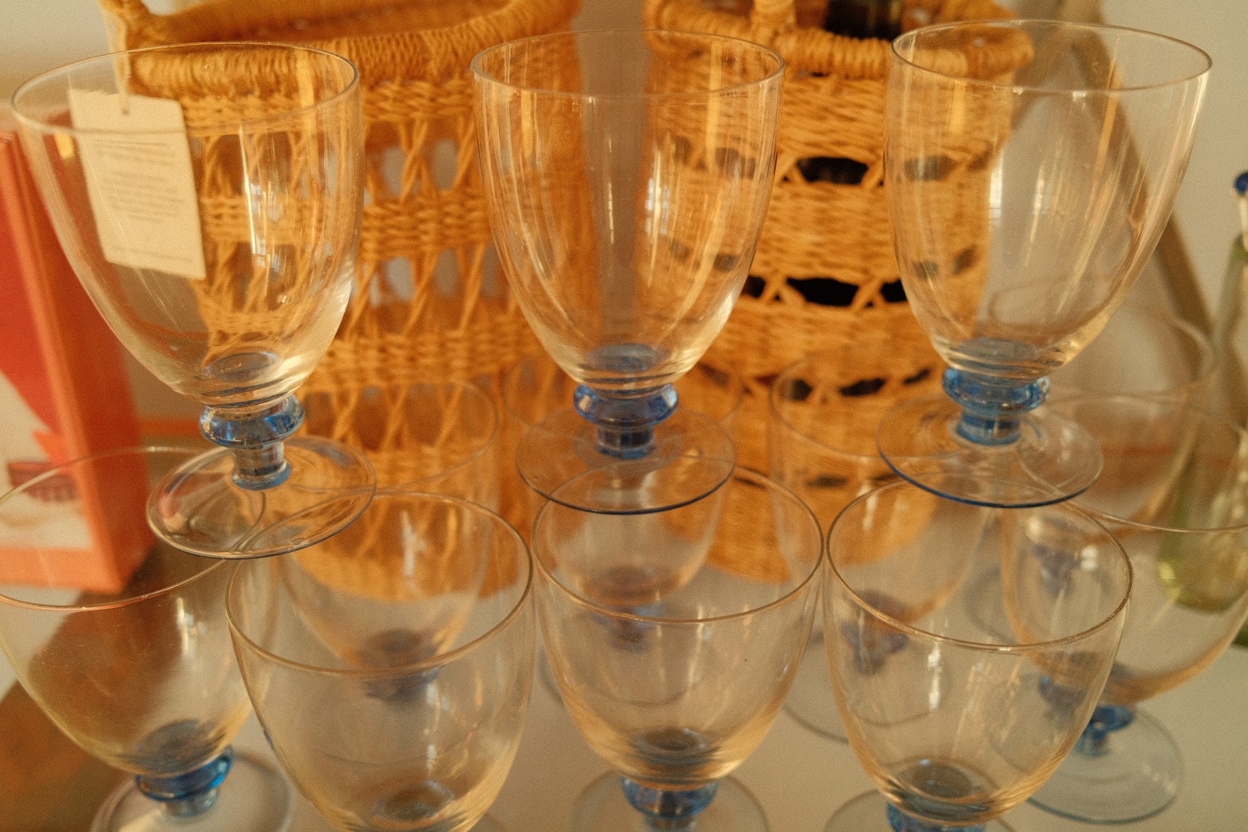 vintage drinking goblet set with blue bulb pedestal base