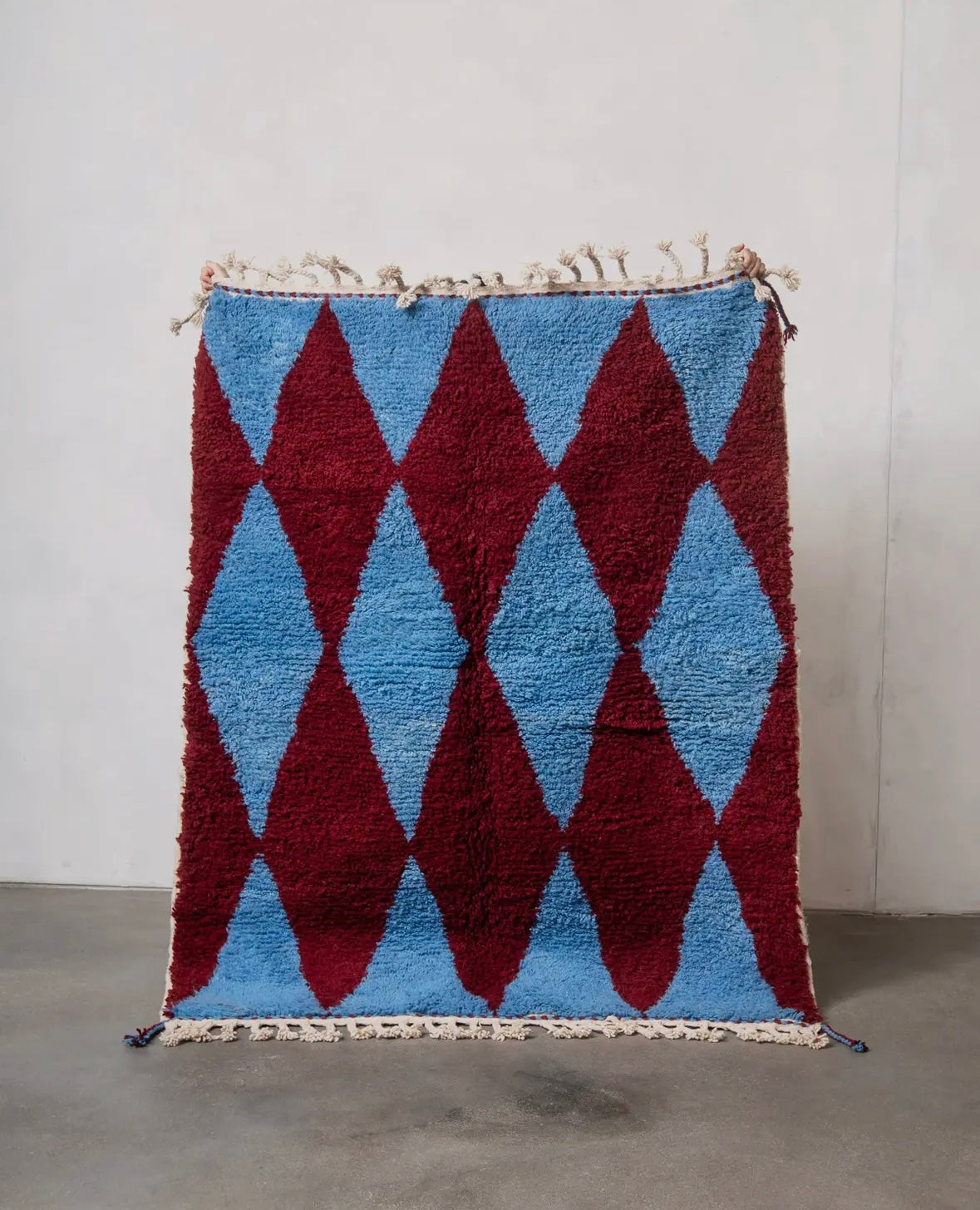 azilal beber moroccan blue + red harlequin diamond rug 5x8