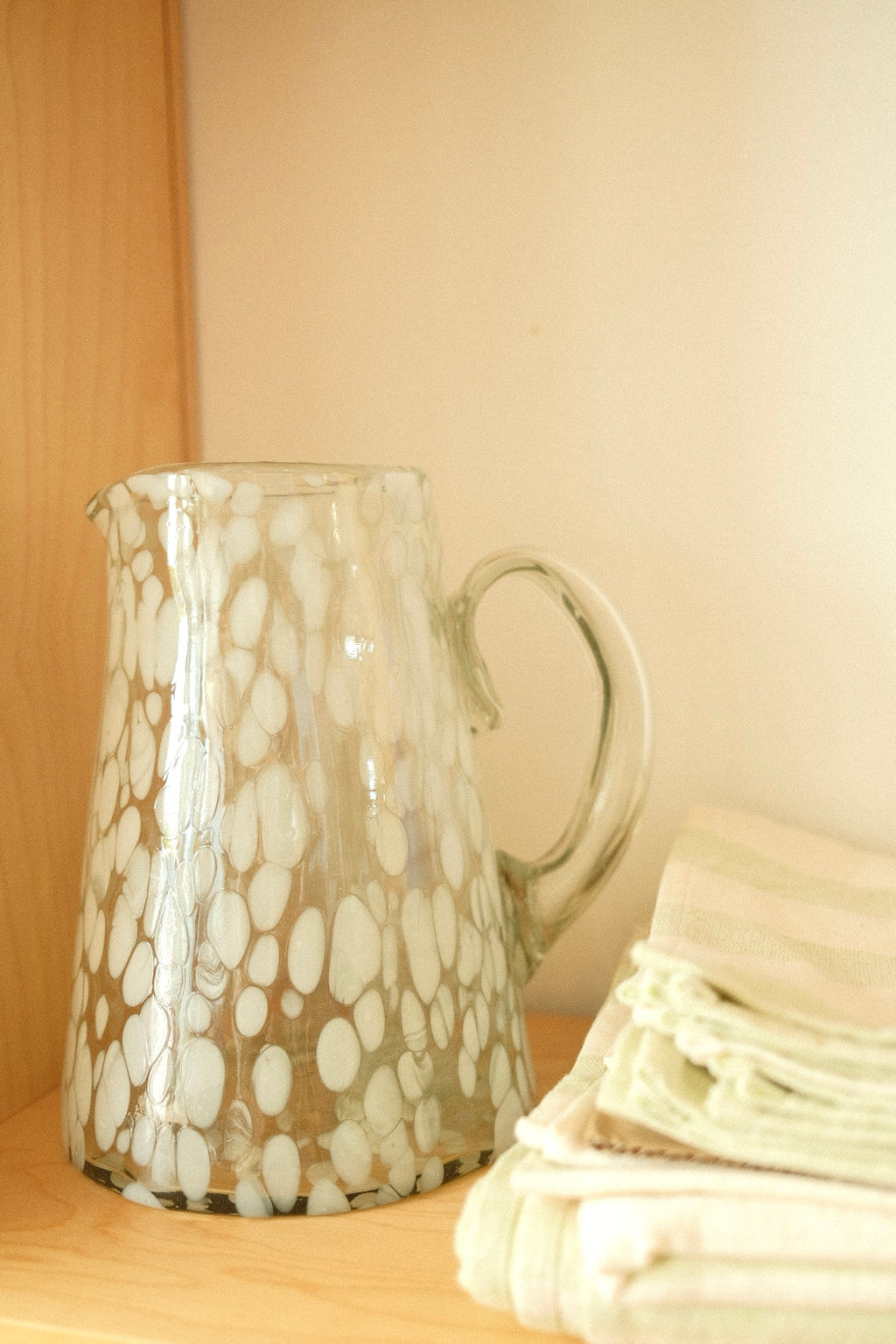 hand blown white spotted pitcher
