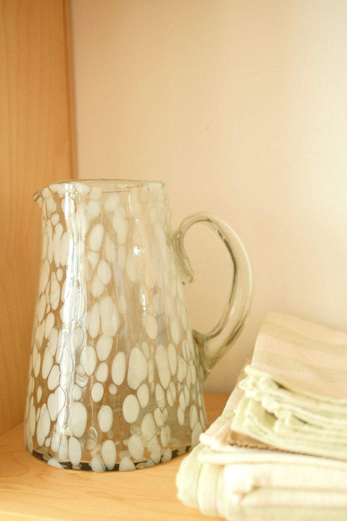 hand blown white spotted pitcher