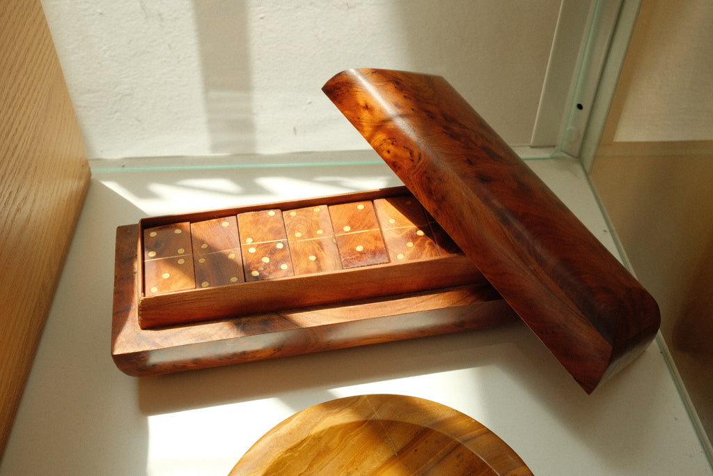 vintage wooden domino set in burl wood case