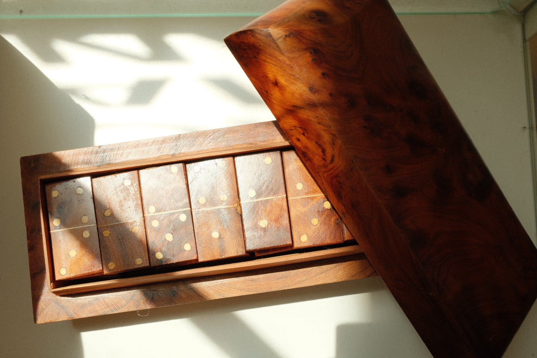 vintage wooden domino set in burl wood case