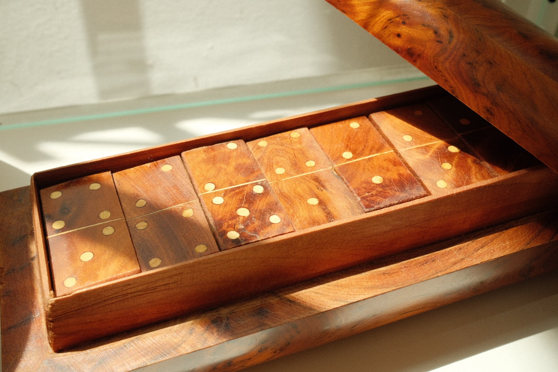 vintage wooden domino set in burl wood case
