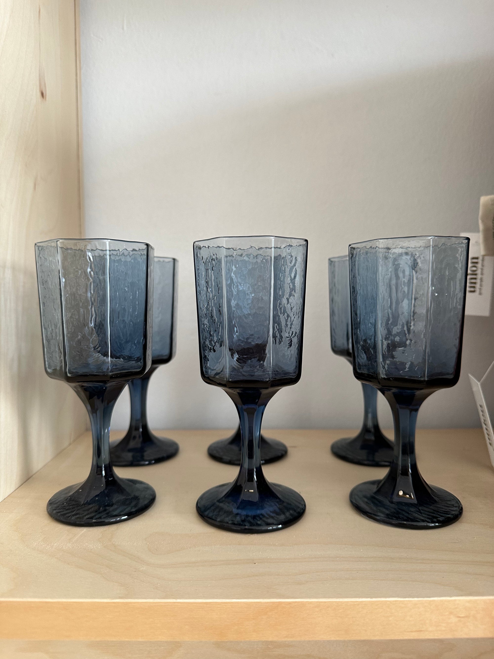 vintage libbey dusky cobalt blue facets octagon glasses - set of 6
