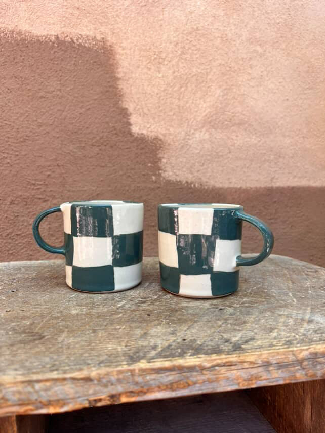 handmade green checkered mug