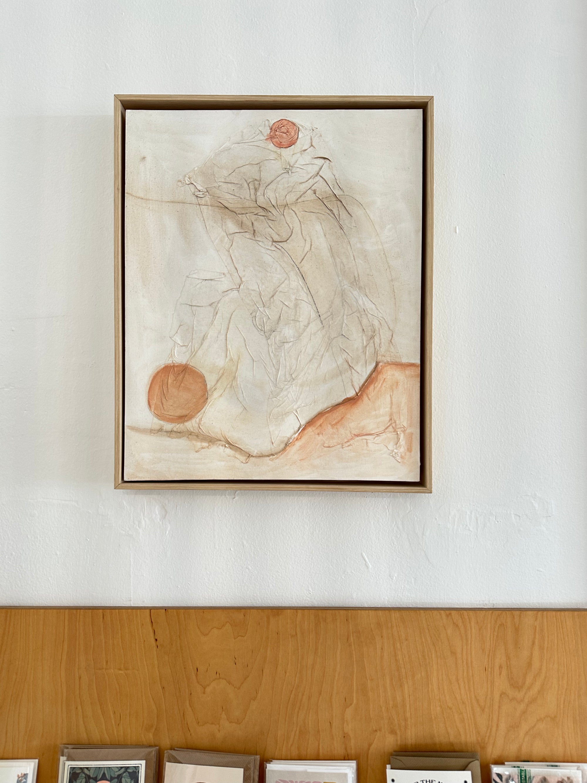 figurative oil + paper on canvas in wood frame