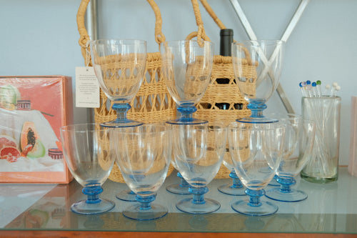 vintage drinking goblet set with blue bulb pedestal base