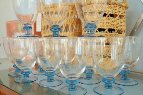 vintage drinking goblet set with blue bulb pedestal base