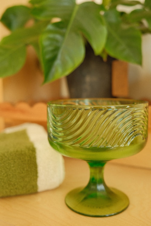 vintage green glass small pedestal bowl