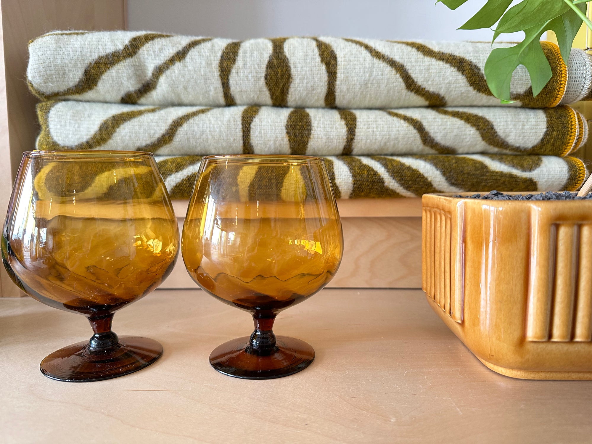 vintage amber hand blown stemmed rocks glasses