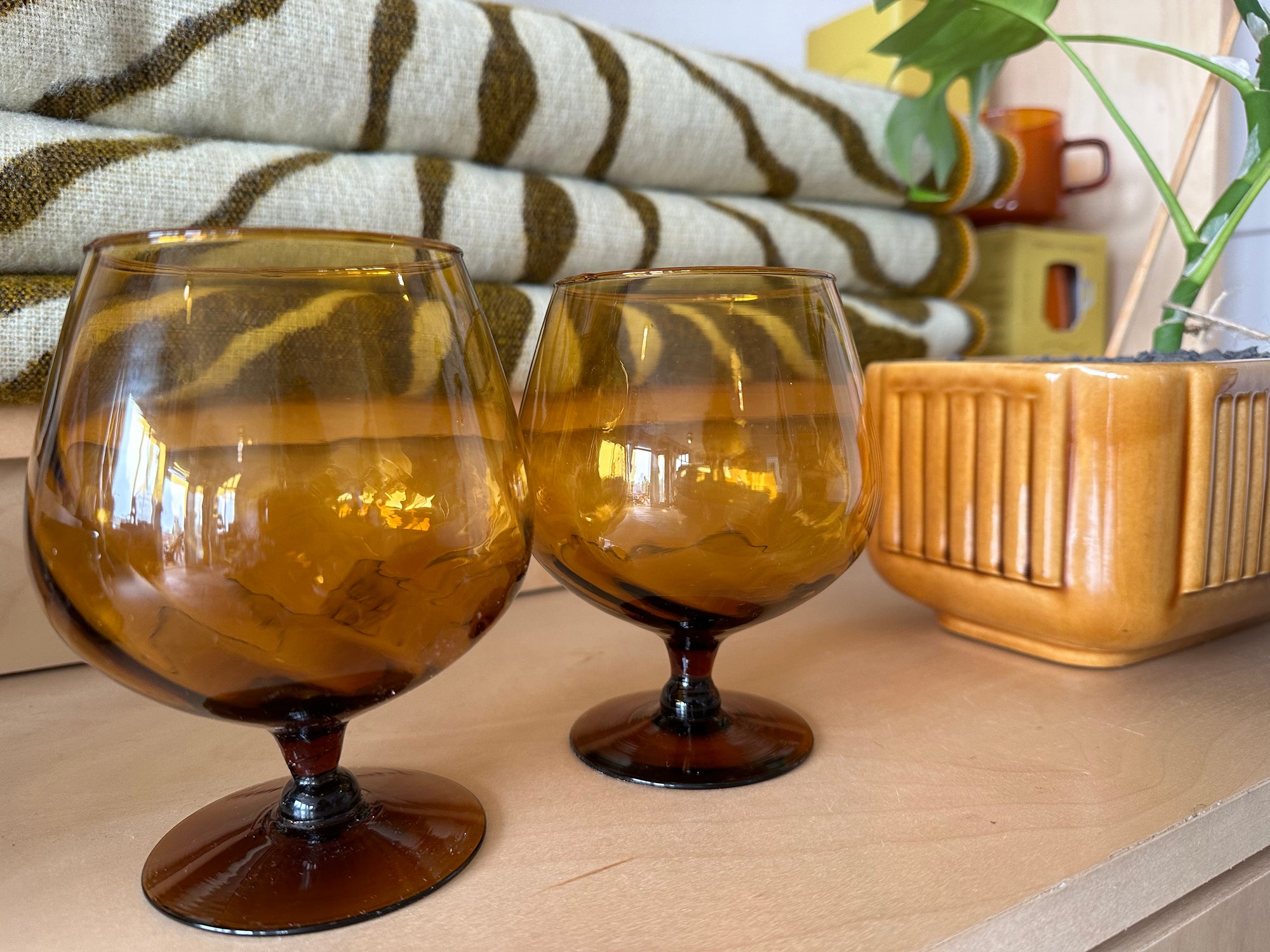 vintage amber hand blown stemmed rocks glasses