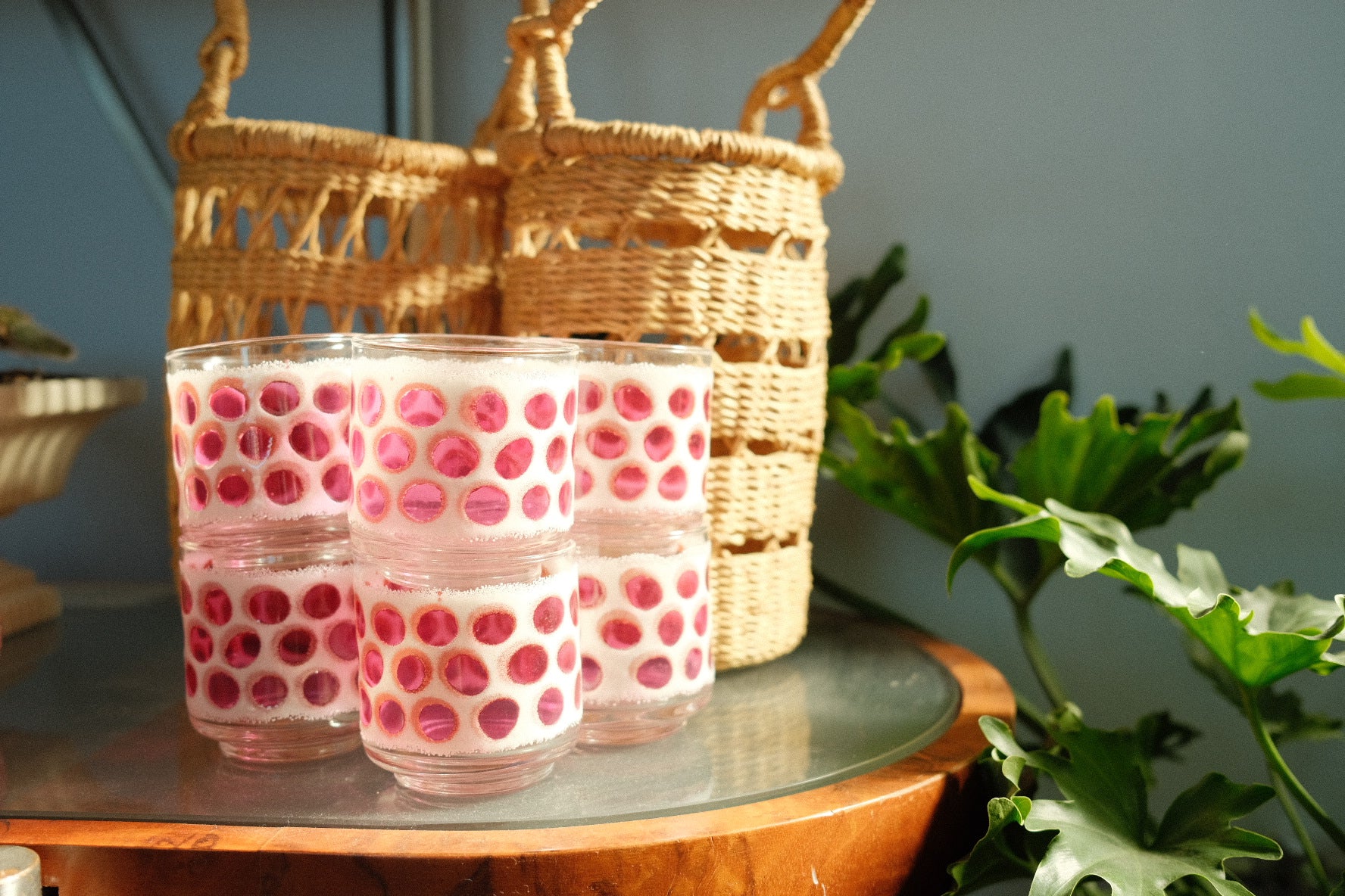 vintage magenta polka dot rocks glass