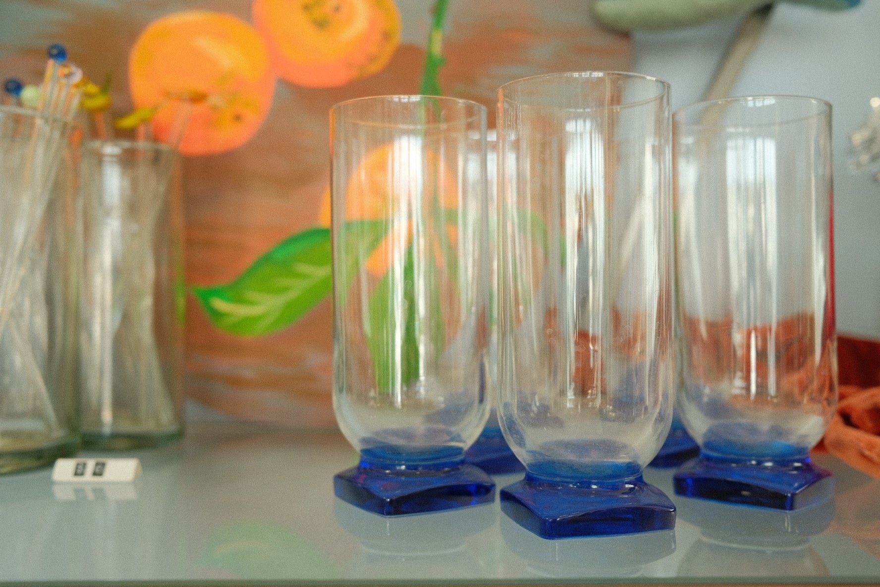 vintage set of high ball glasses w. blue square bottom