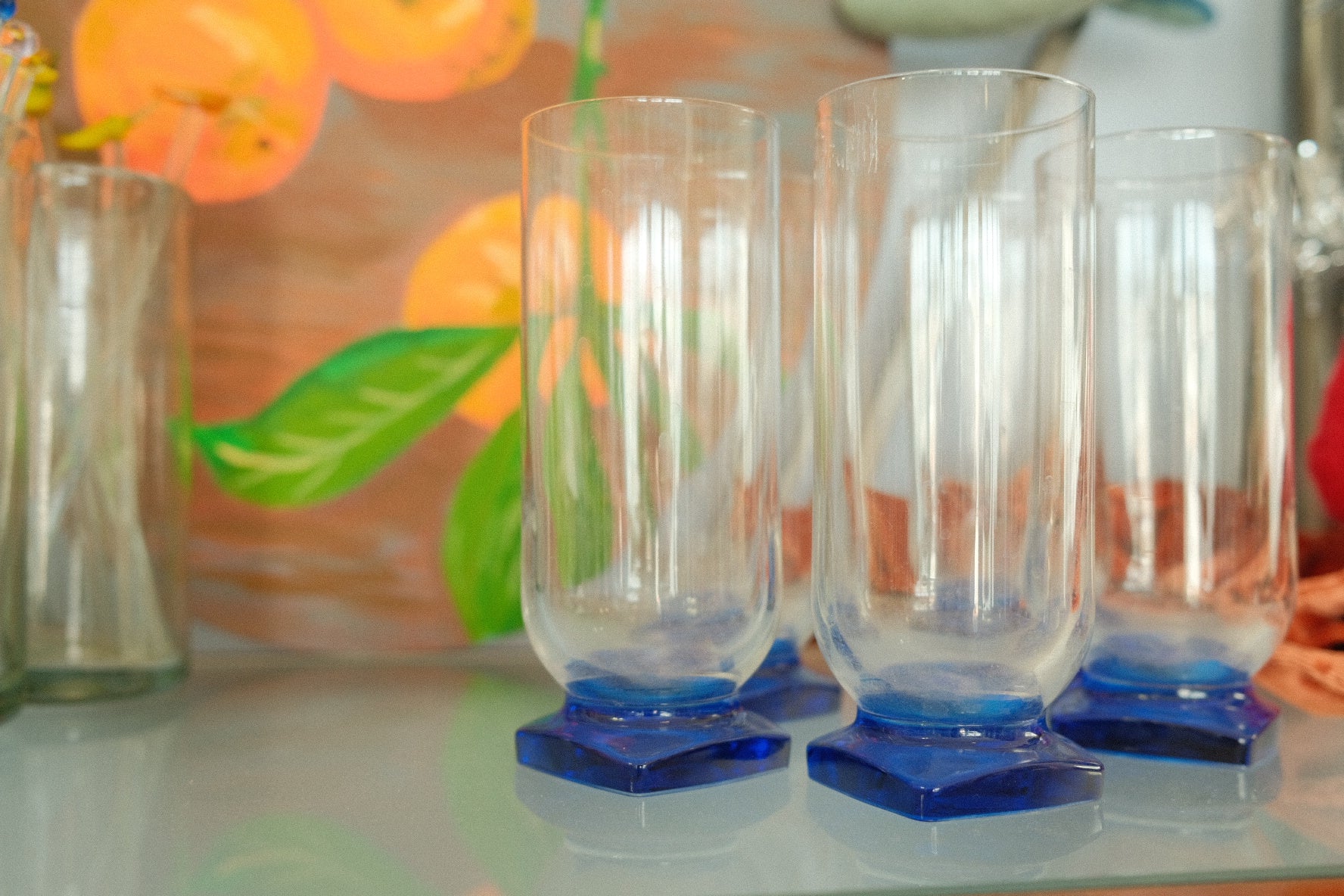 vintage set of high ball glasses w. blue square bottom