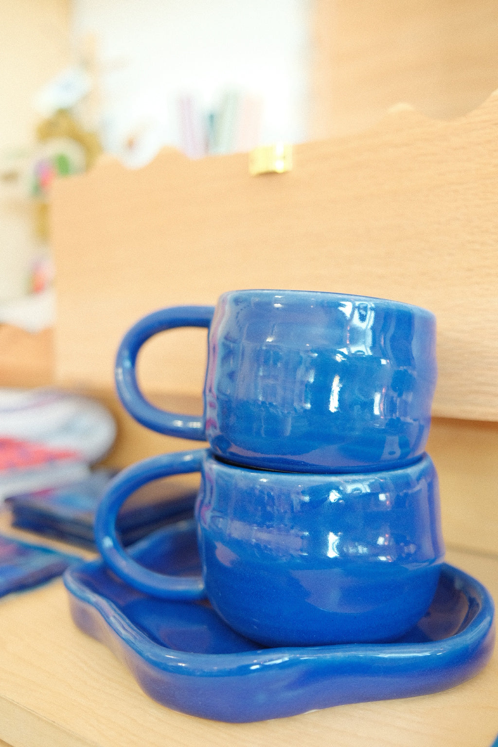 handmade blue round ridge mug