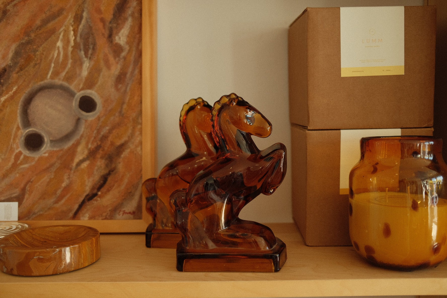 vintage l.e. smith amber glass rearing horse bookends 1960