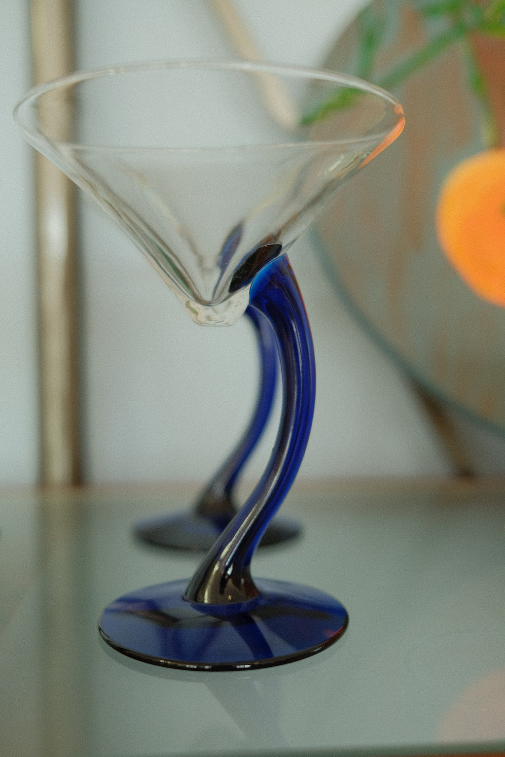 set of 2 vintage libbey bravura cobalt blue curved stem martini glasses