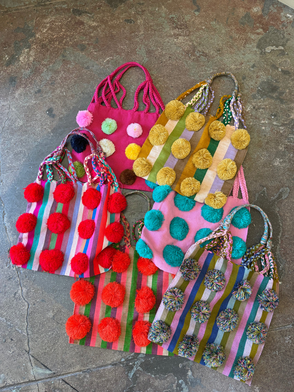 handwoven mexican tote bag w. pom poms