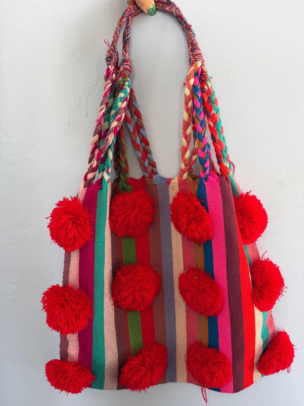 handwoven mexican tote bag w. pom poms