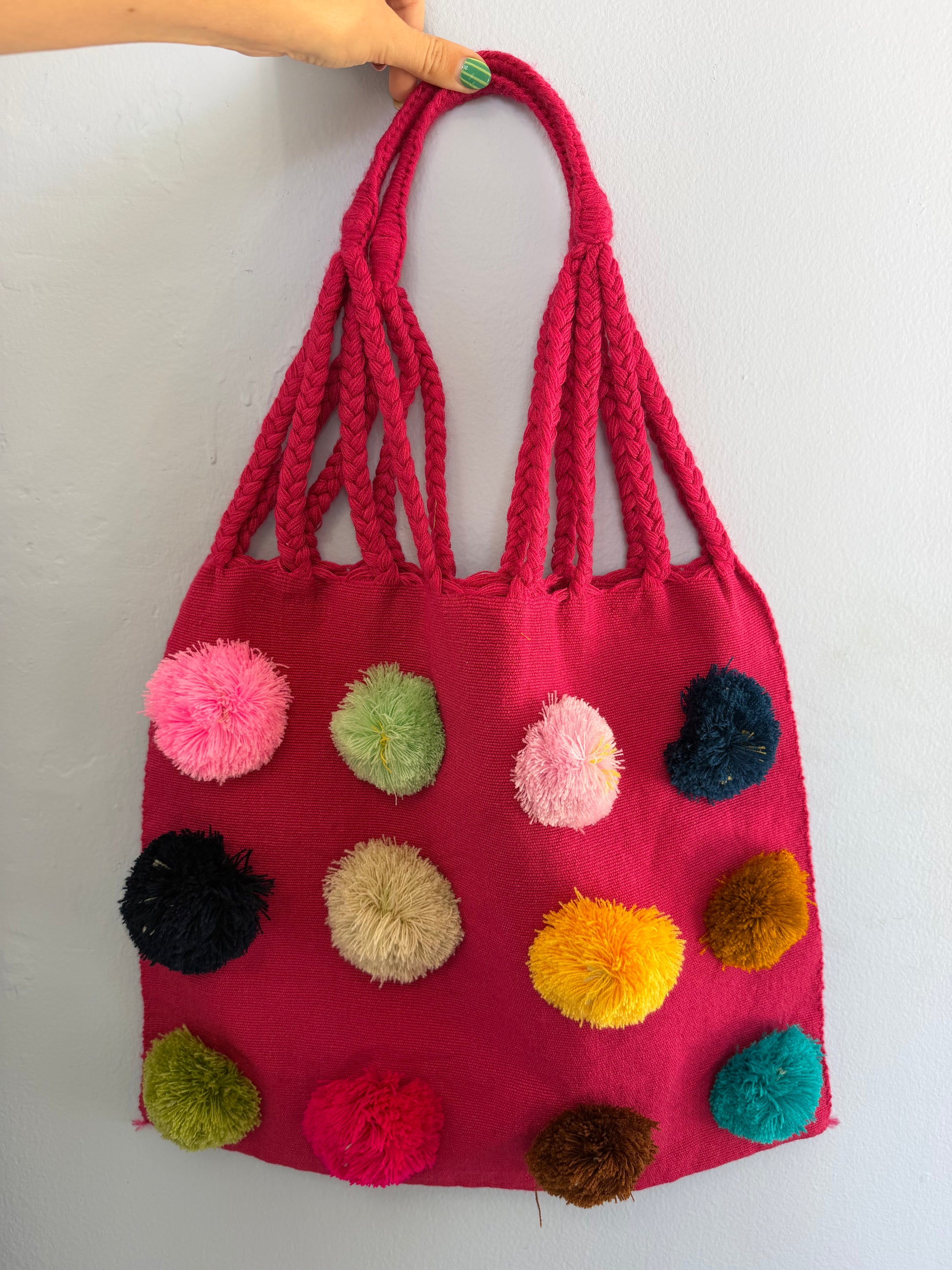 handwoven mexican tote bag w. pom poms