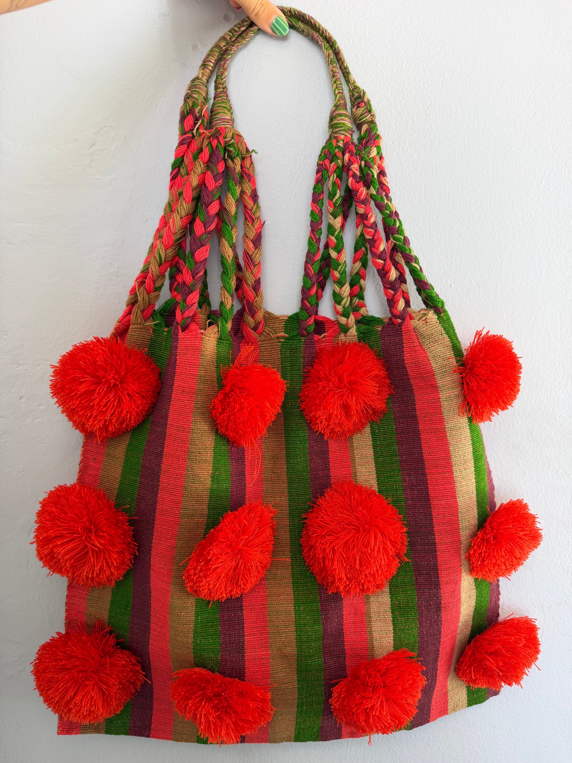 handwoven mexican tote bag w. pom poms