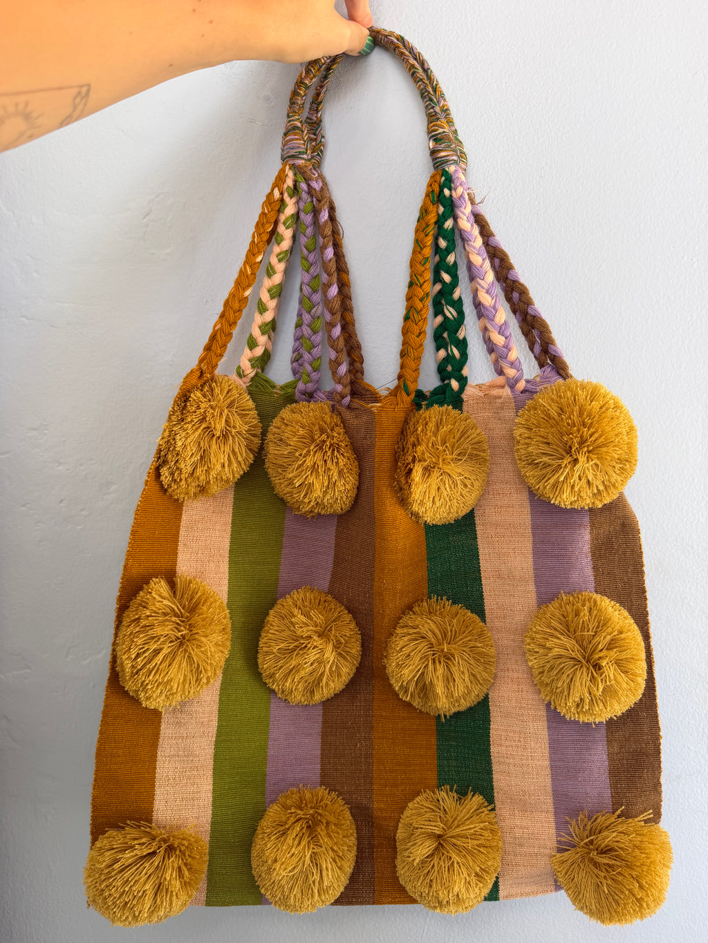 handwoven mexican tote bag w. pom poms
