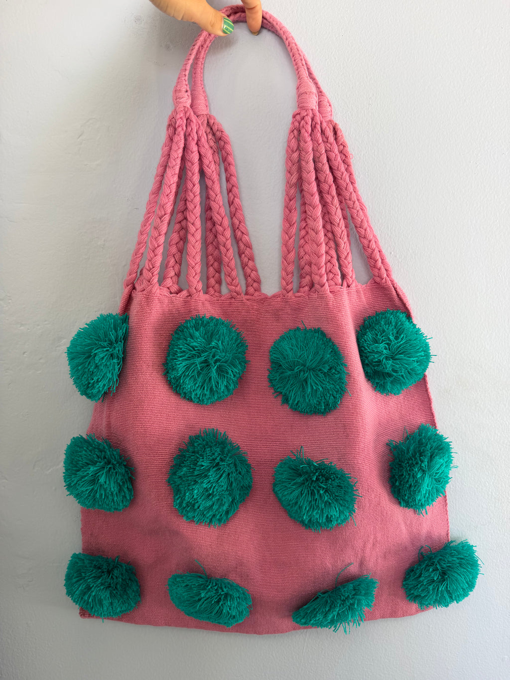 handwoven mexican tote bag w. pom poms
