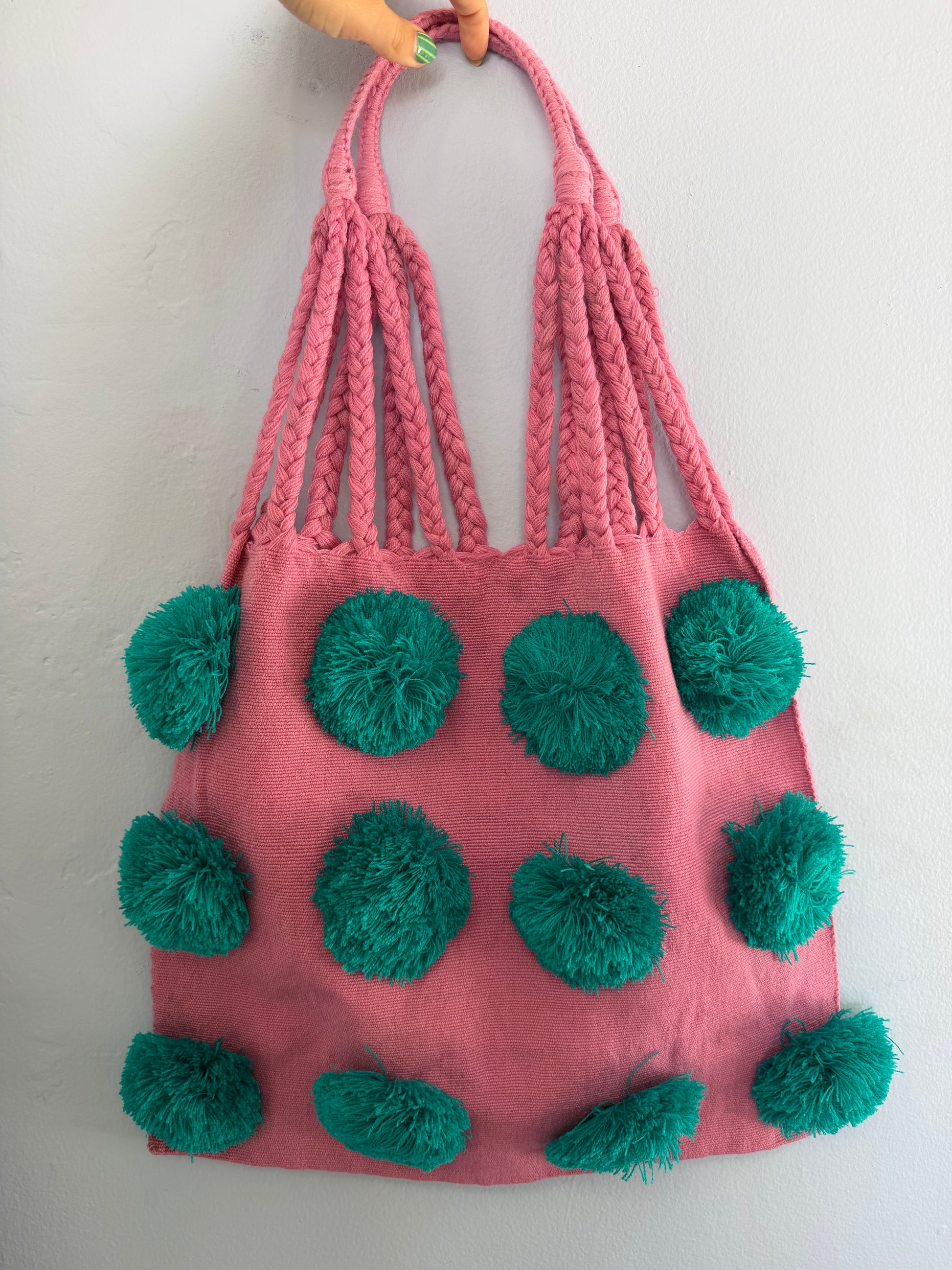 handwoven mexican tote bag w. pom poms