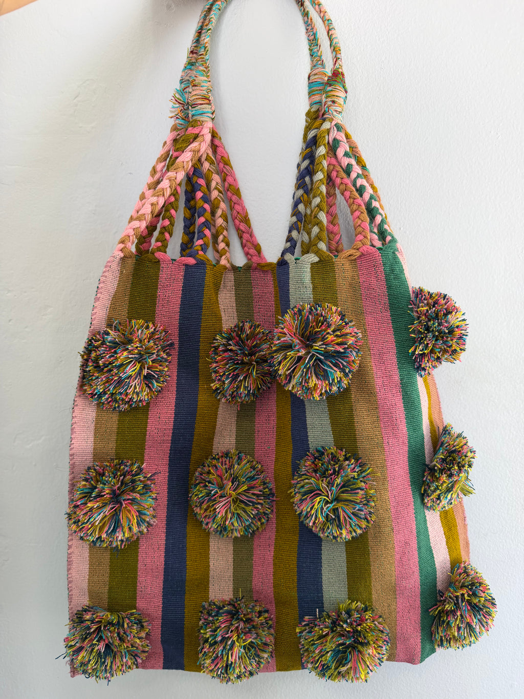 handwoven mexican tote bag w. pom poms