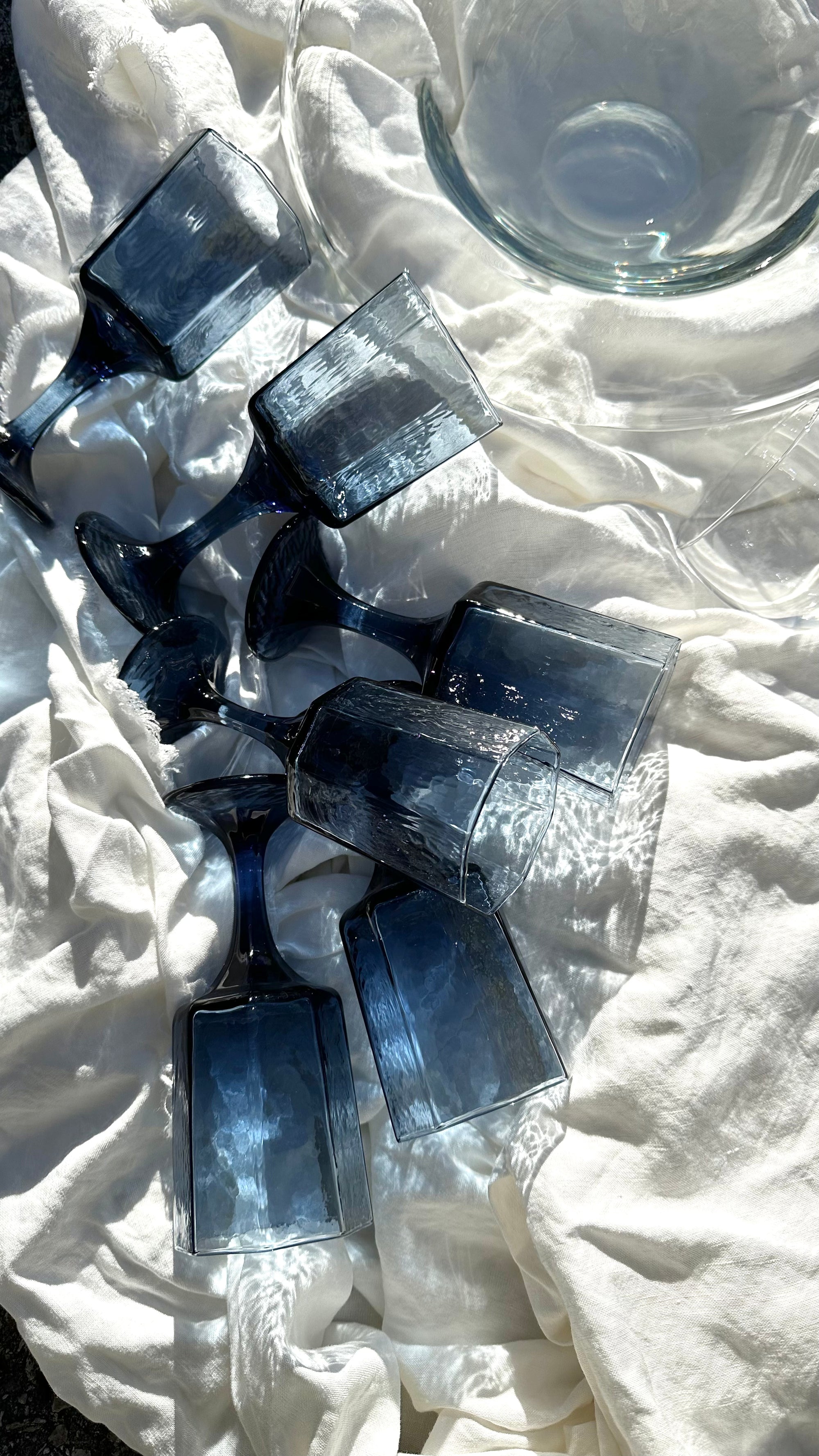 vintage libbey dusky cobalt blue facets octagon glasses - set of 6
