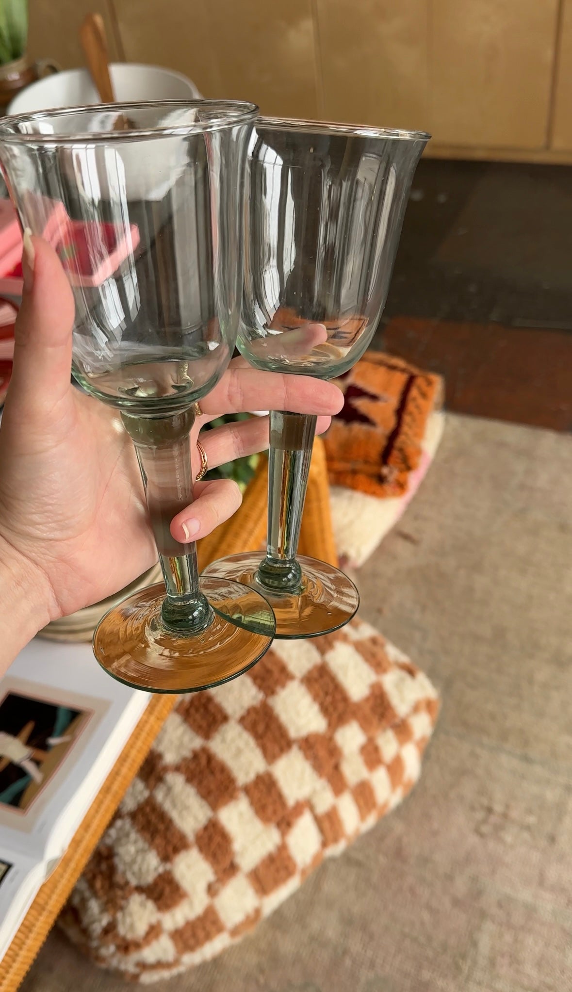 vintage green tinted tulip wine glasses