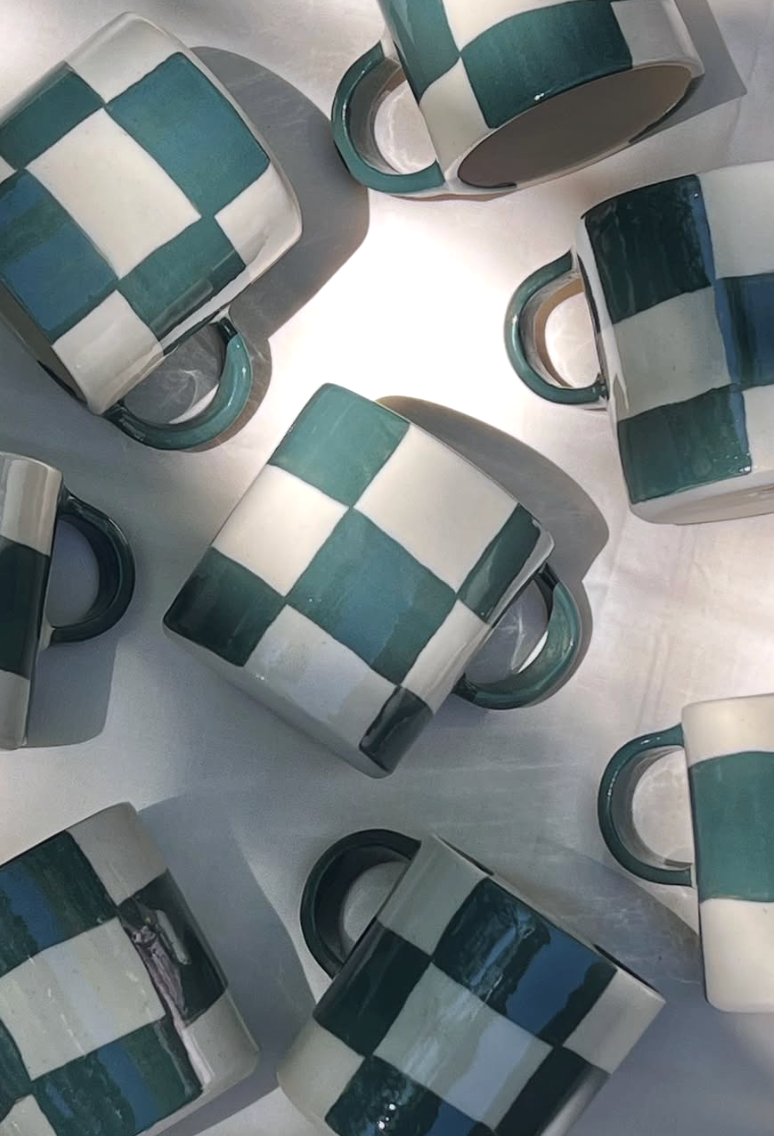 handmade green checkered mug