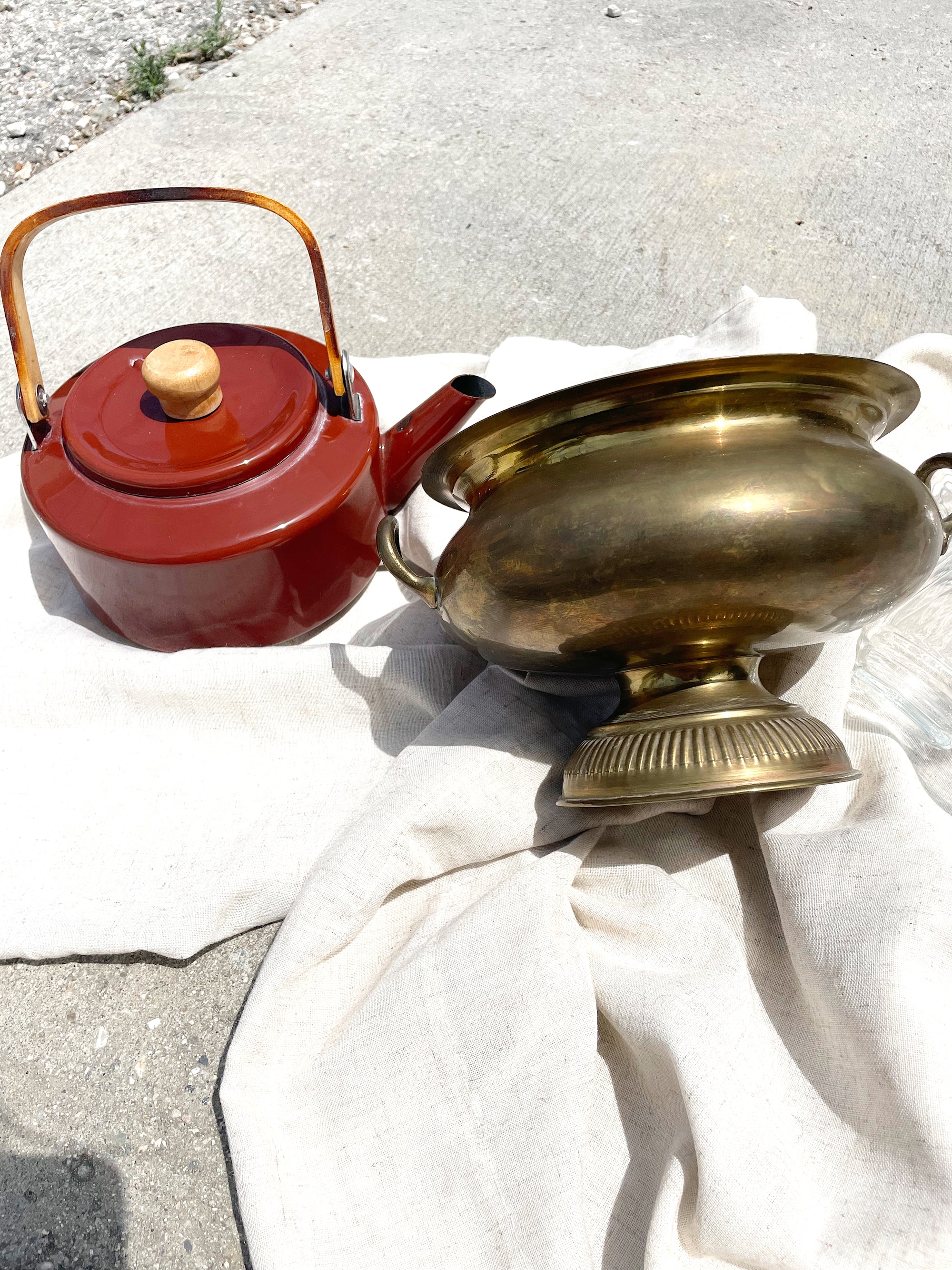 vintage terracotta enamel and wood tea kettle